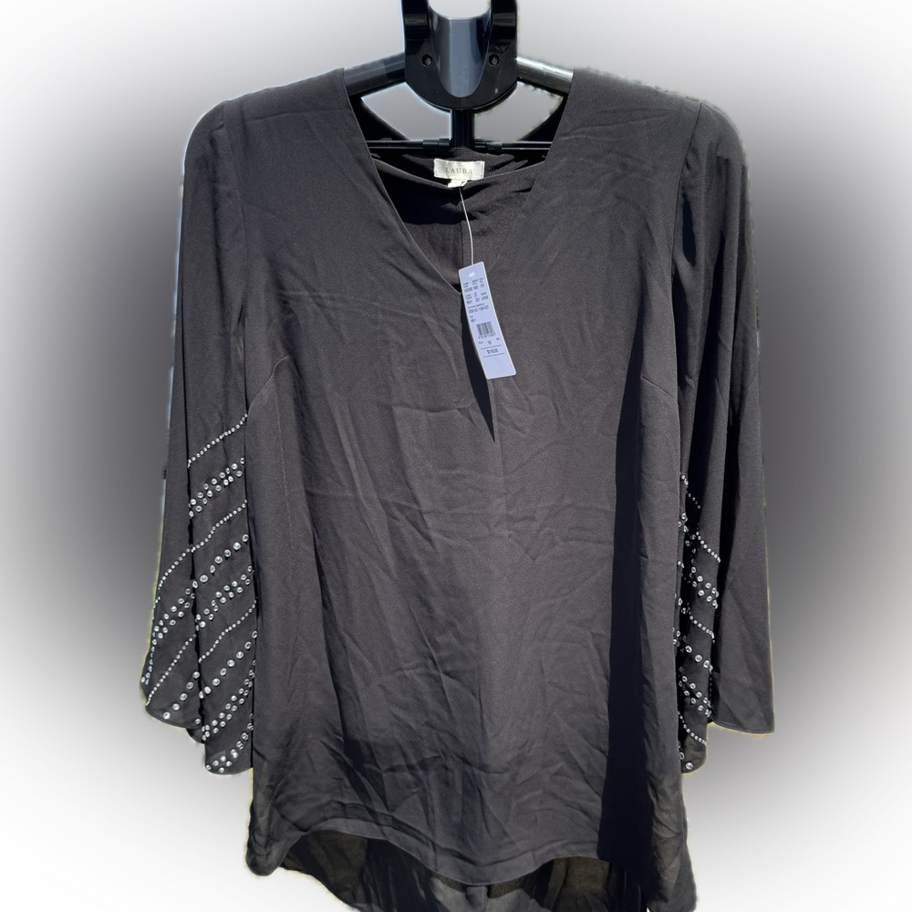 Black Bell Sleeve Embellished Tunic Blouse